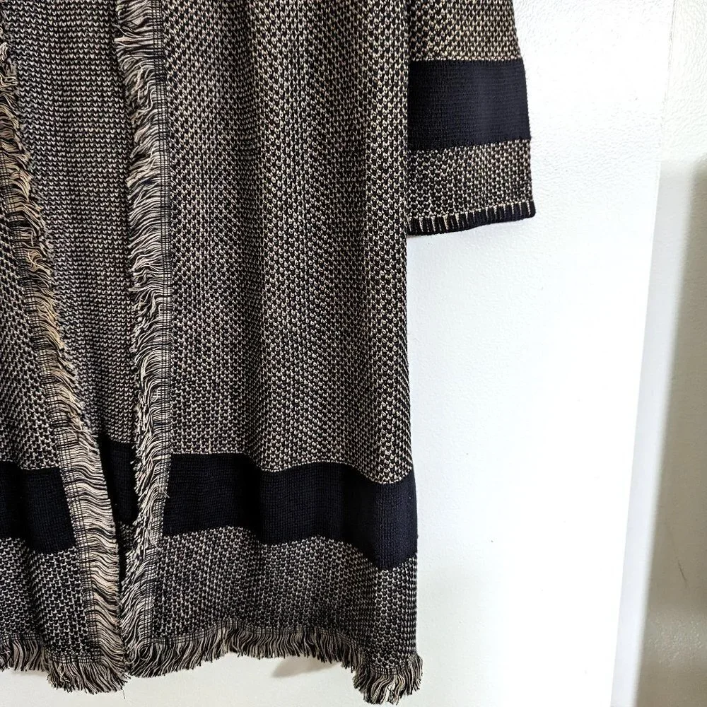 Kasper Cotton Popcorn Stitch Fringe Cardigan Sweater Tan/Black Tweed ‎ Size M